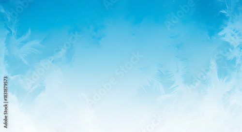 Blue frosty winter background with delicate ice crystal patterns and white gradient texture.