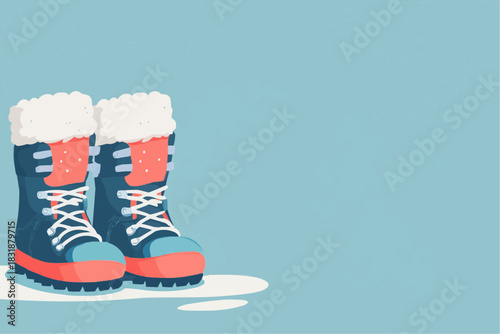 Winter boots with fur trim on blue background for packaging, greeting cards, and web banners