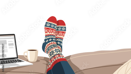 Cozy winter vibes working from home with coffee and laptop, festive socks offering comfort and relaxation during the holidays