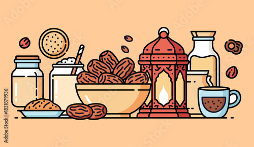 A horizontal vector illustration depicting essential food and drink items for Iftar (breaking the fast) or Suhoor (pre-dawn meal) during the holy month of Ramadan.