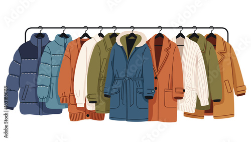 Cozy winter coats collection hanging neatly, perfect for fall fashion ads or seasonal wardrobe updates, stylish outerwear choices galore