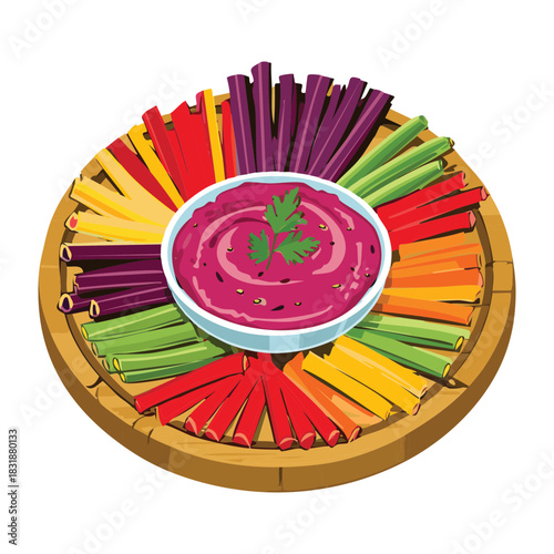 Colorful vegetable crudite platter with a central bowl of creamy beet and berry dip - Vector Illustration