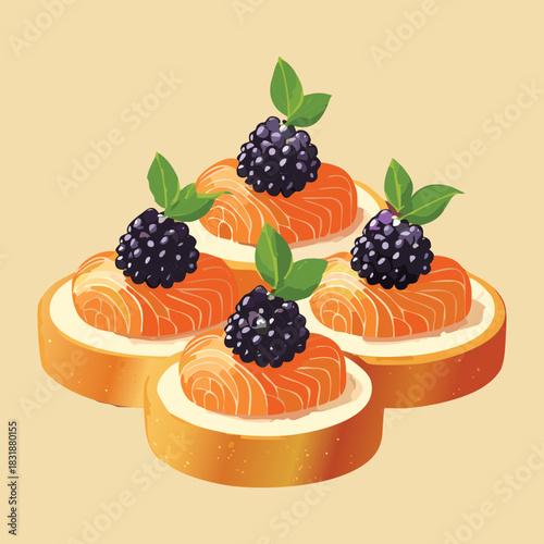 Small party bites with smoked salmon cream and fresh blackberries on crunchy toast rounds - Vector Illustration