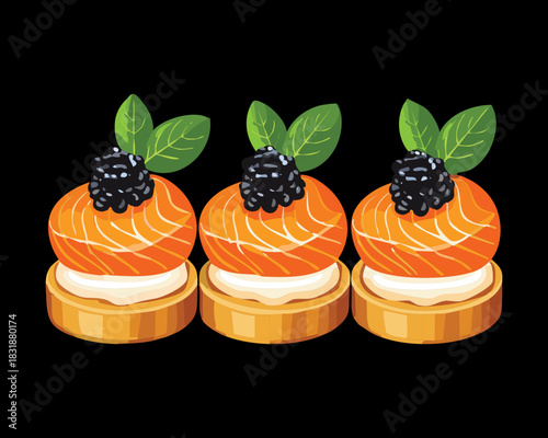 Elegant salmon mousse appetizers topped with fresh blackberries and mint leaves on toasted bread - Vector Illustration
