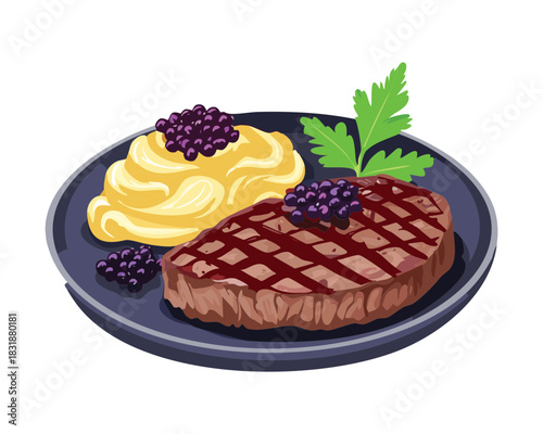 Gourmet grilled beef steak served with creamy mashed potatoes and fresh blackberry sauce garnish - Vector Illustration