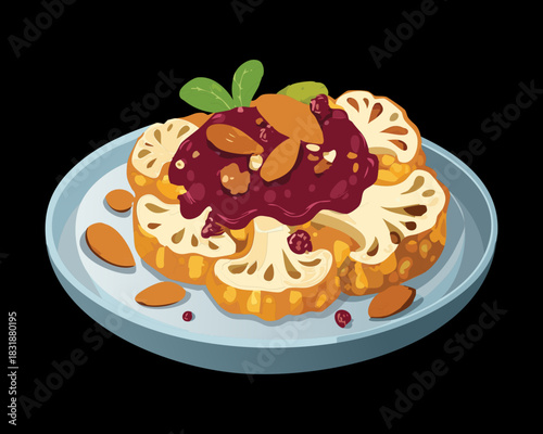 Roasted cauliflower head with red fruit glaze and toasted almonds on a blue plate - Vector Illustration