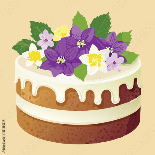 Round purple berry sponge cake decorated with white frosting and fresh violet flowers - Vector Illustration