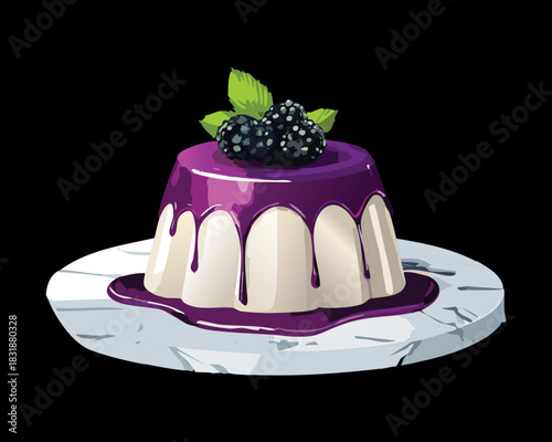 Delicious blackberry pudding with purple glaze and fresh mint leaves on a white plate - Vector Illustration