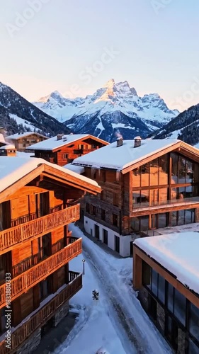 Winter chalets in a snowy mountain landscape