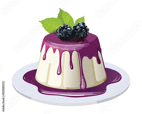 Elegant blackberry panna cotta pudding with dark berry sauce and mint leaves on top - Vector Illustration