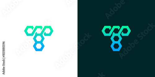 Creative letter T symbol created from a network of geometric hexagons, an abstract technology icon with a blue and green gradient