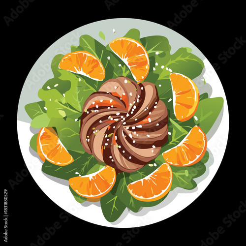 Healthy arugula salad with sliced grilled beef steak and fresh orange segments for a nutritious meal - Vector Illustration