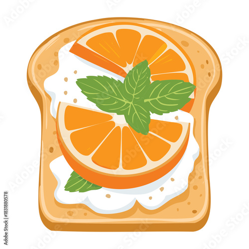 Toasted bread slice with cream cheese and fresh orange segments topped with mint - Vector Illustration