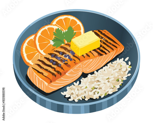 Seared salmon steak with melting butter served over rice with fresh orange rings - Vector Illustration