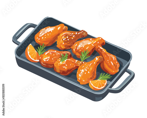 Roasted chicken drumsticks with fresh orange wedges and rosemary on a dark metal tray - Vector Illustration