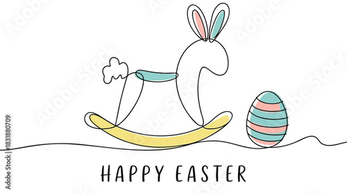 Minimalist easter greeting with bunny rocking horse and striped egg illustration