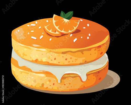 Two layered orange sponge cake with creamy white filling and citrus slices for bakery shop window display - Vector Illustration
