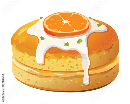 Large orange sponge cake with white sugar glaze topping and fresh citrus slice for family celebration party - Vector Illustration