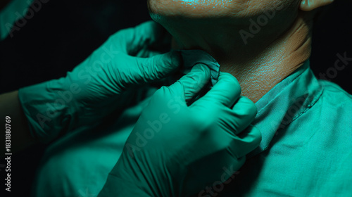 Close up of hands in green gloves examining a patient's neck in a medical setting light