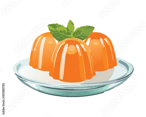 Three pieces of orange jelly pudding with mint leaves garnish served together on a clear glass plate - Vector Illustration