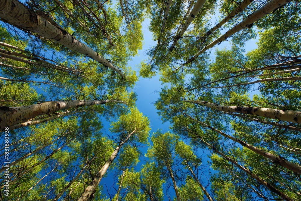 Fototapeta premium Gaze Upward: Lush Green Tree Canopy Against a Bright Blue Sky, Sunlight Filtering Through, Creating a Stunning Natural Landscape