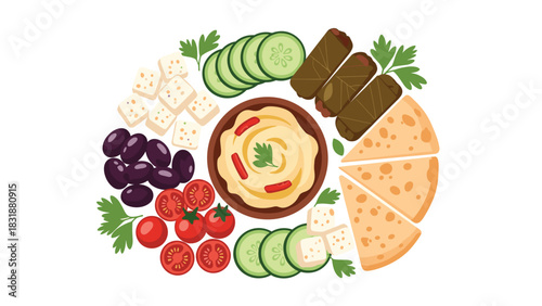 Vibrant mediterranean platter tempting with hummus, dolmades, feta, olives, pita, tomatoes and cucumbers perfect for summer gatherings