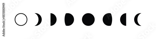 Moon phases sequence vector black silhouettes, outline waning and waxing gibbous, quarter, new and full moon, crescent