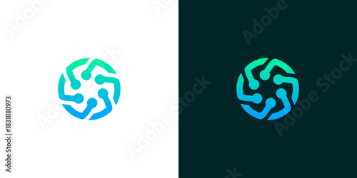 Abstract technology concept logo design featuring interconnected nodes in a circular formation, symbolizing network and community