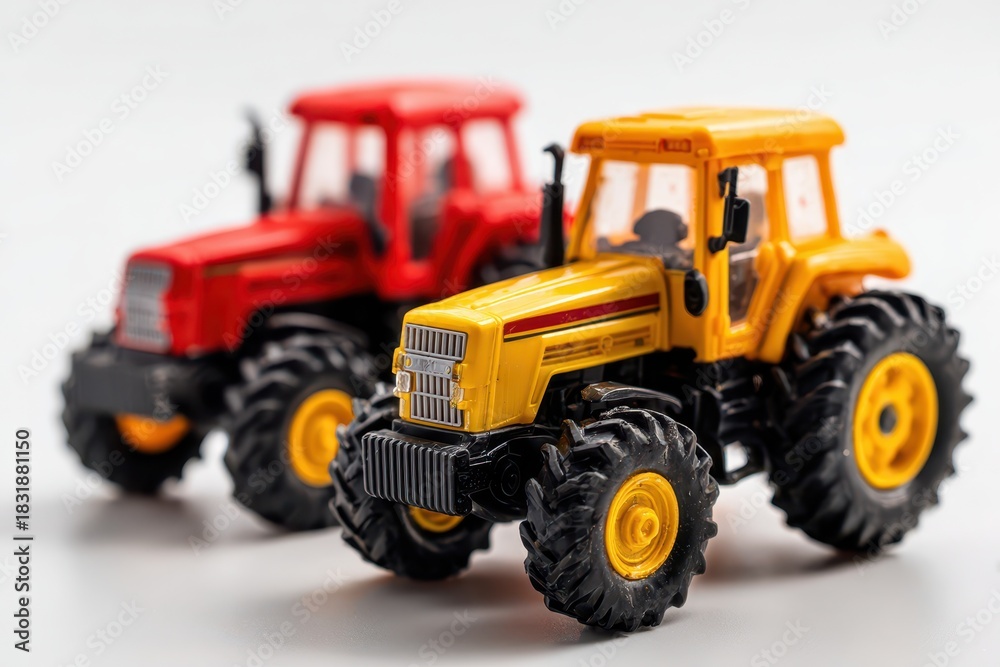 Obraz premium Blurry Yellow and Red Farm Tractor Toys on White Background - Playful Agricultural Vehicle Display