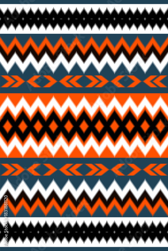 A bold tribal geometric pattern featuring repeating horizontal stripes with striking zigzags, arrow motifs, and sharp triangular shapes.