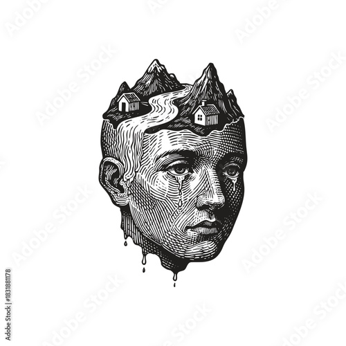 Gothic engraving style illustration of a crying male head with a surreal landscape on top, featuring mountains, a river, and small houses