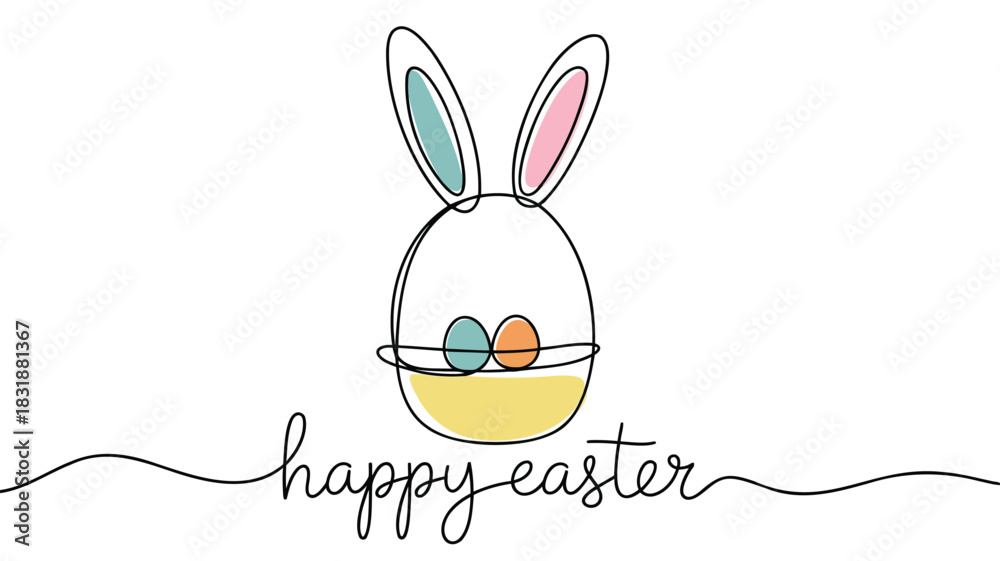 Obraz premium Minimalist single line drawing of a bunny face holding easter eggs in a basket with happy easter text
