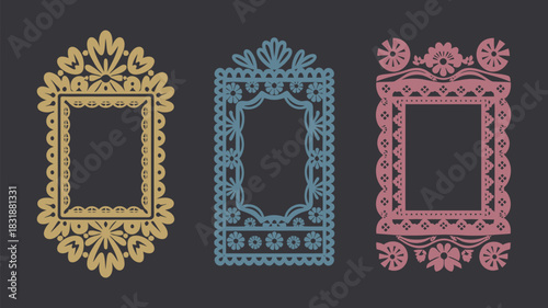 Mexican Papel Picado Frame Designs Featuring Ornate Border Cutouts with Skull Motifs, Floral Patterns, and Decorative Edges in Yellow, Blue, and Pink for Dia de los Muertos