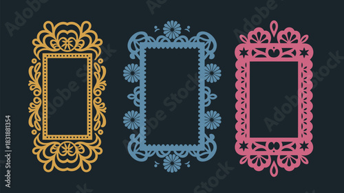 Mexican Papel Picado Frame Designs Featuring Ornate Border Cutouts with Skull Motifs, Floral Patterns, and Decorative Edges in Yellow, Blue, and Pink for Dia de los Muertos