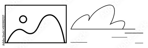Line art landscape of hills and sun framed within a rectangle paired with flowing clouds. Ideal for nature, simplicity, aesthetics, minimalism, creativity, design, mindfulness as a simple flat