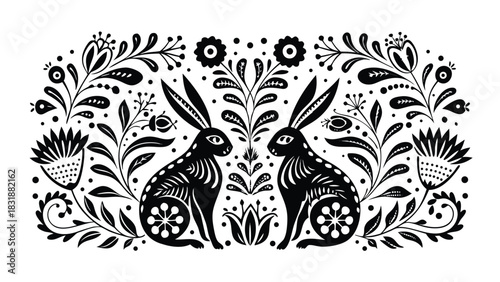 Two stylized black rabbits sit facing each other surrounded by decorative folk art floral elements and leaves on a white background