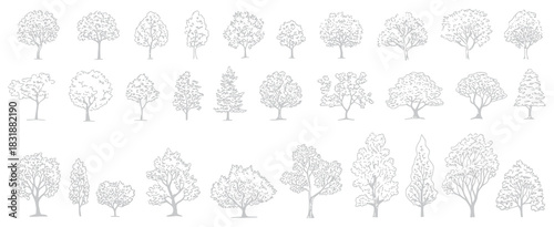 Minimal Style CAD Tree Line Drawing Set Featuring Side View Outline Symbols of Graphic Tree Elements for Architecture, Landscape Design, Outdoor Forest, and Garden Section Illustrations