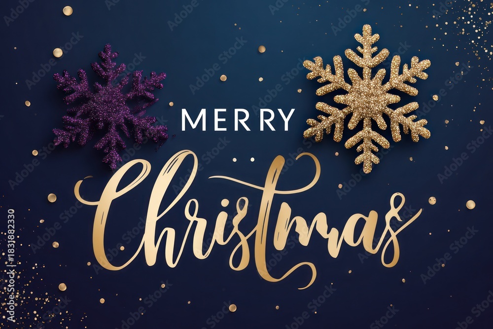 Fototapeta premium Merry christmas greeting card with golden calligraphy and glitter snowflakes