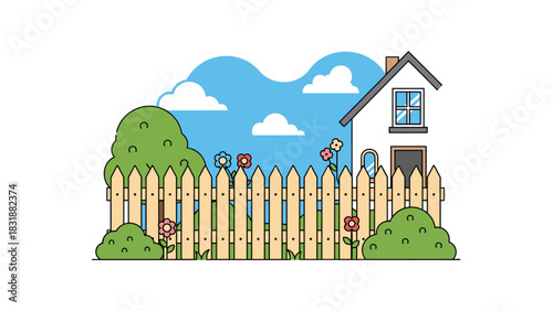 Charming home with picket fence and blooming flowers under a bright blue sky perfect for real estate marketing or family lifestyle designs