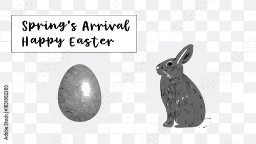 A charming grayscale illustration featuring a textured easter egg and a cute bunny with the words spring s arrival happy easter displayed prominently