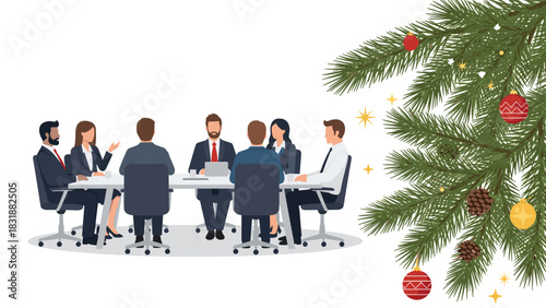 Modern diverse team celebrating holiday season success with festive Christmas tree in corporate office for end of year business celebration