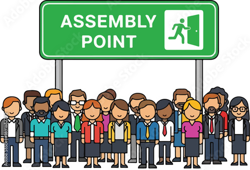 Diverse Group of People Gathered at an Emergency Assembly Point Sign.