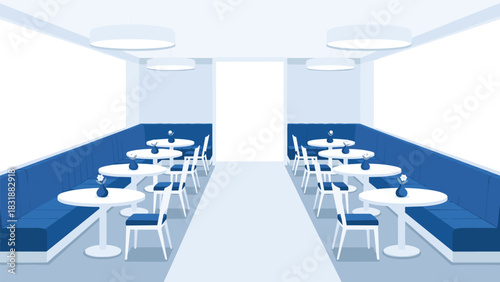 Stylish restaurant seating arrangement with cozy blue banquettes and elegant tables ready to welcome diners for a delightful experience
