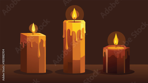 Stylized vector image of a candle set, displaying multiple candles in diverse shapes and hues against a plain backdrop..eps
