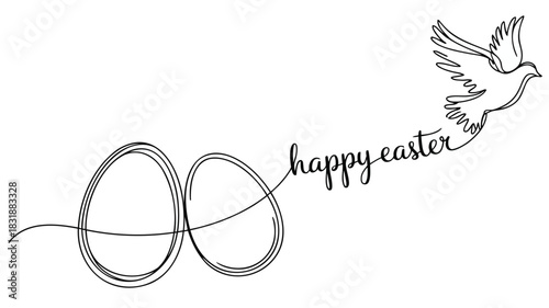Elegant single line drawing of easter eggs and a dove with happy easter text
