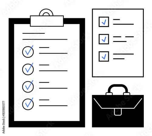Checklist on clipboard with blue checkmarks, task document, and briefcase symbolizing organization, productivity, task completion, office work, planning, business and efficiency. Ideal