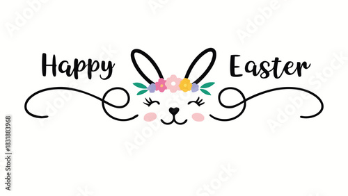 Cute happy easter greeting with a whimsical bunny face adorned with a colorful floral crown and decorative swirls on a clean white background