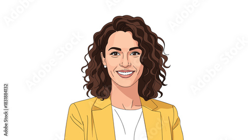 Confident young professional businesswoman smiling in a modern yellow jacket, ready for success in a dynamic career, empowering leadership