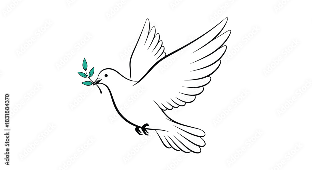 Fototapeta premium A graceful white dove in flight, carrying a vibrant green olive branch, beautifully symbolizes peace, hope, and new beginnings.