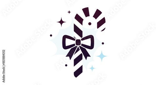 Graphic illustration of a festive candy cane with classic stripes and a bow, accented by sparkles and dots on an abstract light blue background.